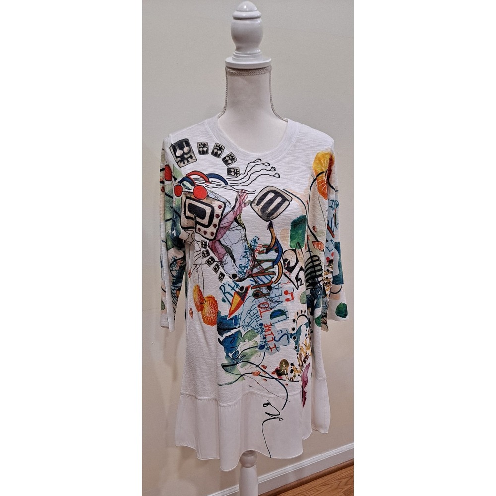 Inoah Art to Wear Mid Sleeve Colorful Graphics Shirt Woman's Size Large